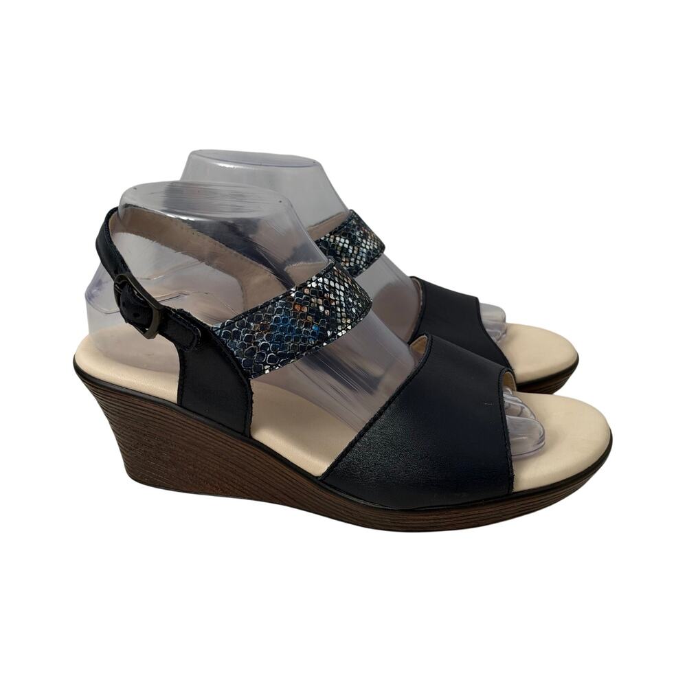 SAS Sandals Womens Size 8.5 Wide Heather Quarter Strap Wedge Navy Multisnake